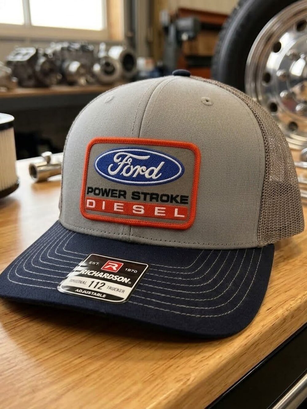 Power Stroke Diesel Hat Patch Richardson 112 Grey Navy Blue Mesh Trucker Cap New